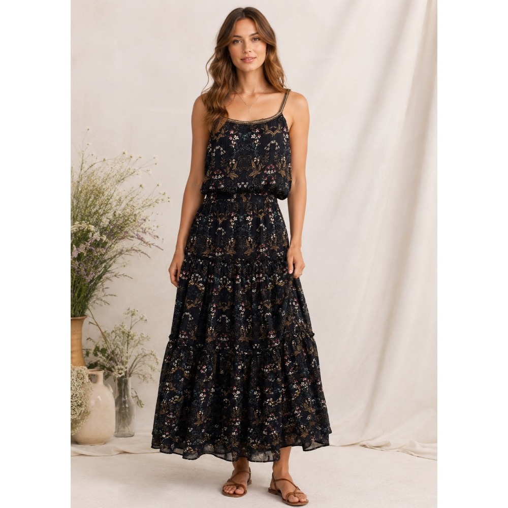 Lulu's Tiered Maxi Dress‎ Womens XS Black Metallic Polyester Whimsigoth Fairy